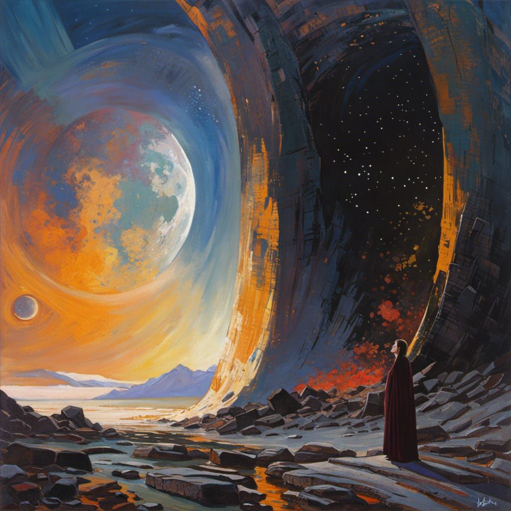 Woman Before Cosmic Portal in Sci-Fi Style