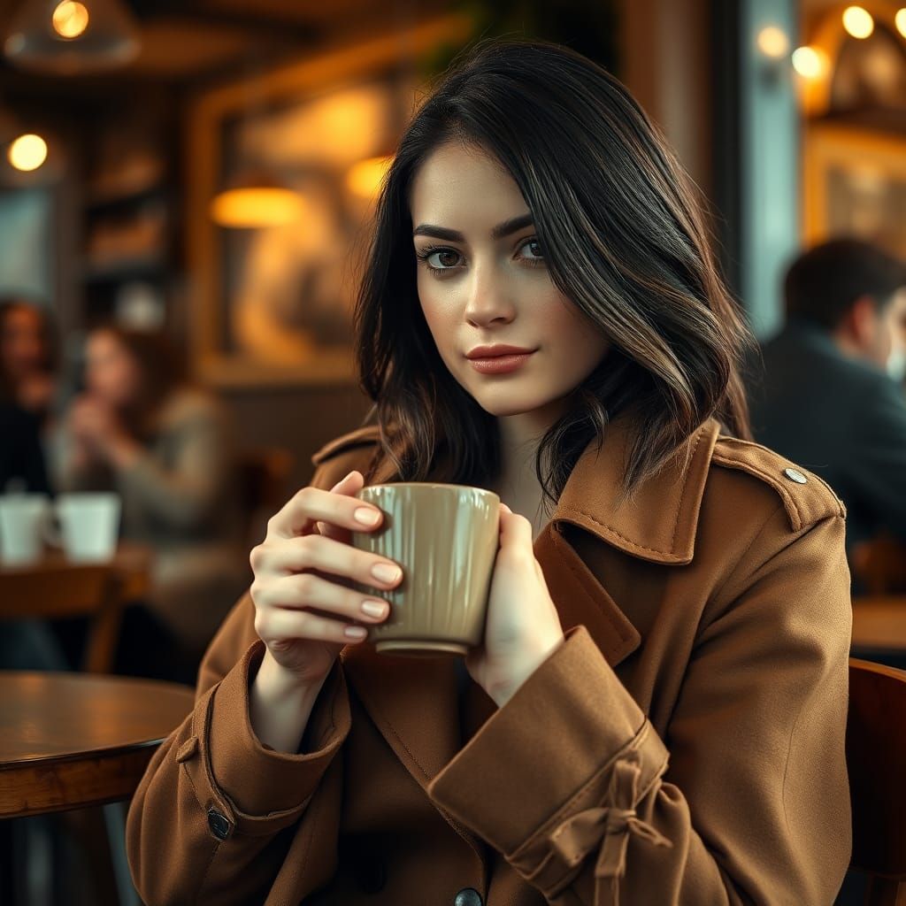 Brunette in Coffee Shop with Bokeh