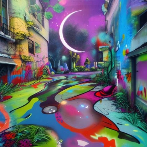 Polychromatic Lunar Garden in Graffiti Art Style