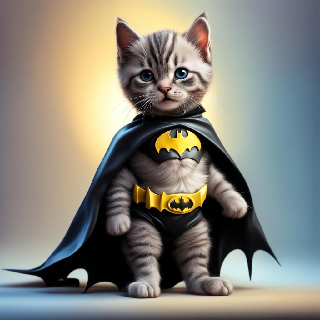 Cute Kitten Dressed as Batman in Splash Art