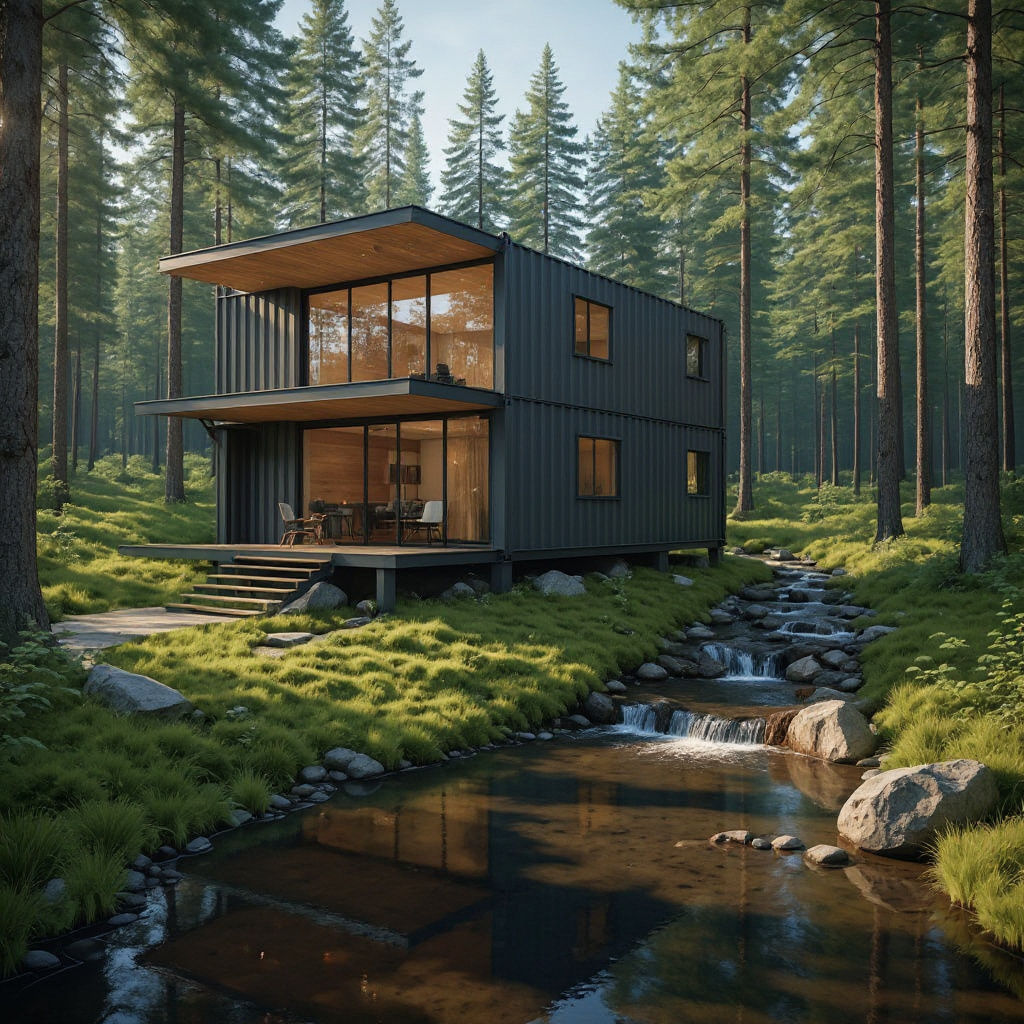 Sustainable Shipping Container Home in Forest Clearing