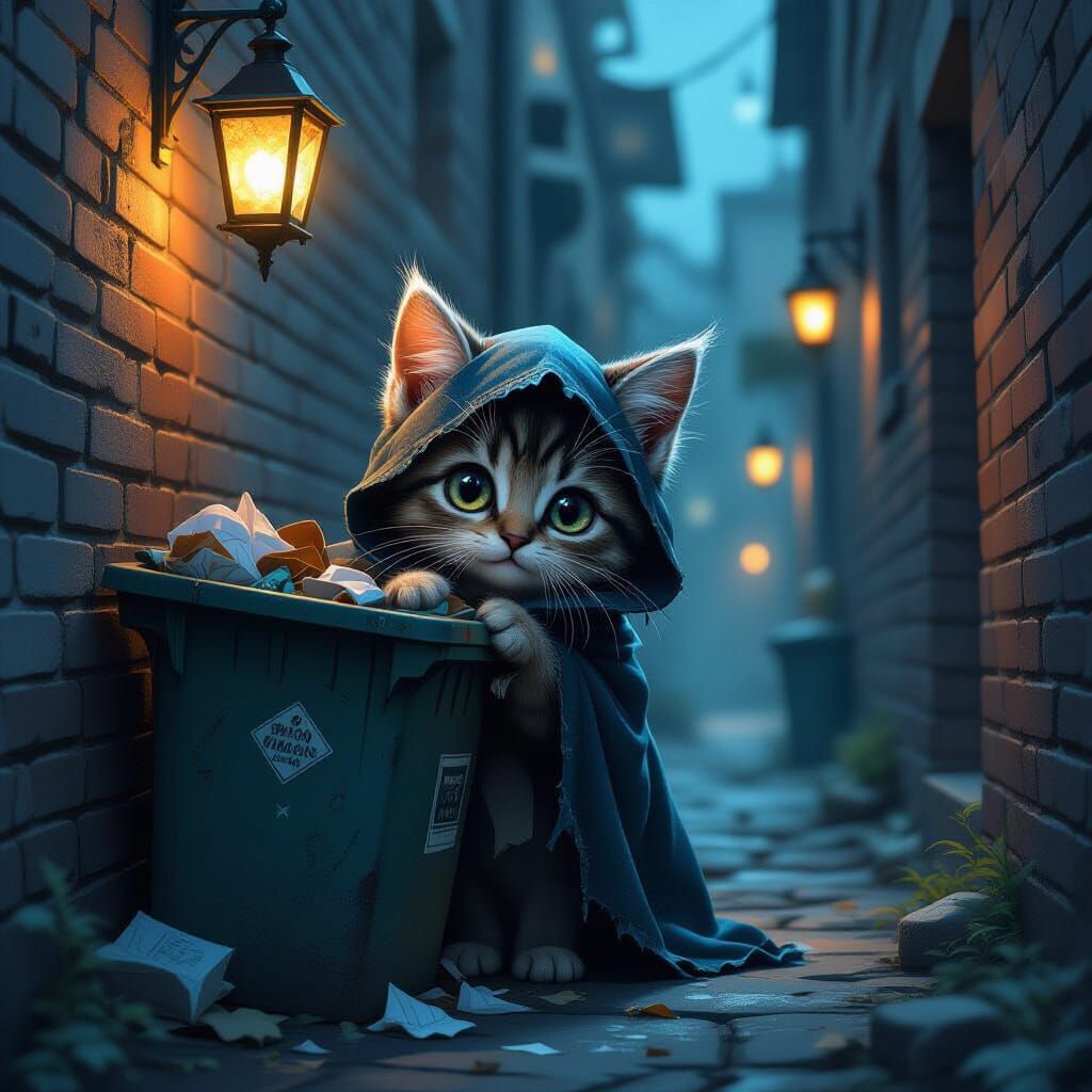 Melancholy Kitten in Shadowy Alley, Dark Whimsy Style