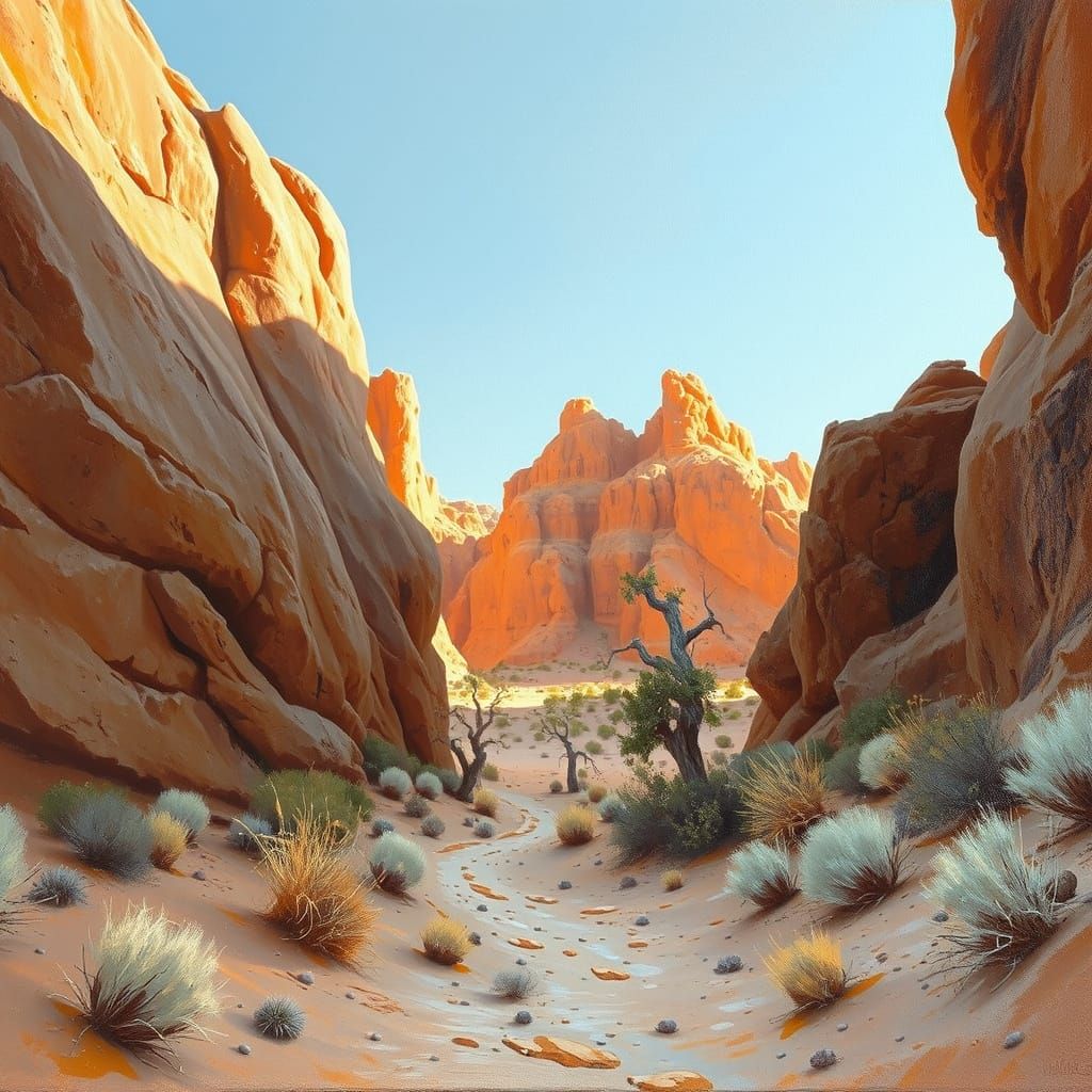 Rugged Desert Canyon in Warm Oil Painting Style