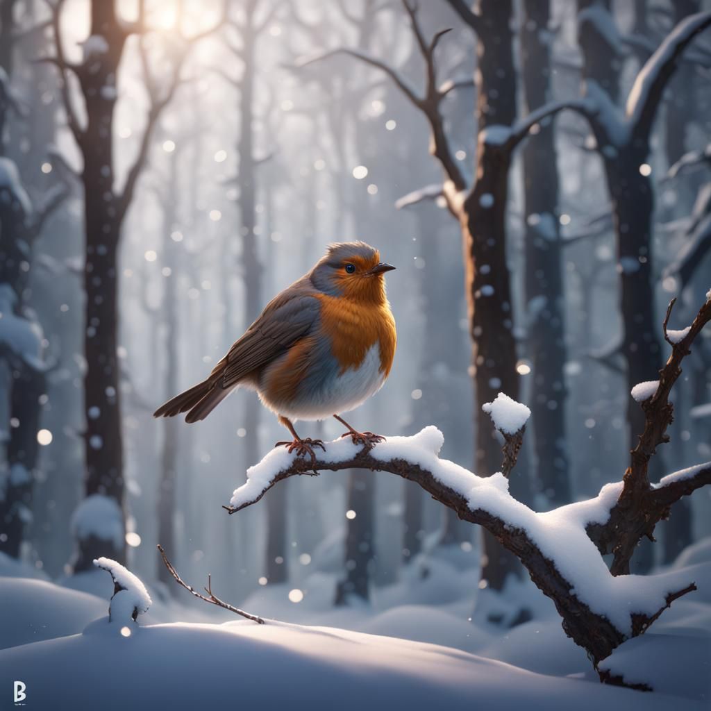 Deer in Winter Forest with Robin, Detailed Matte Painting