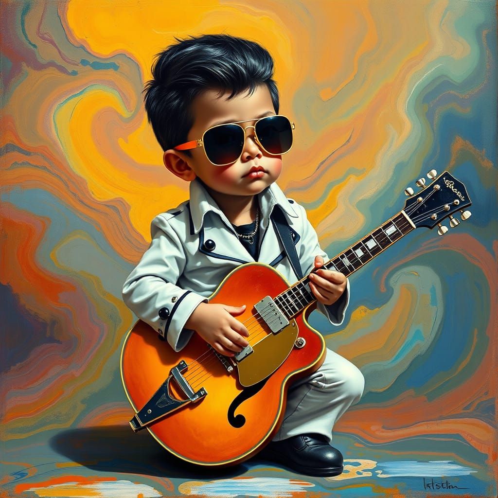 Surrealist Boy Elvis Plays Gretsch Guitar on a Dreamlike Sta...