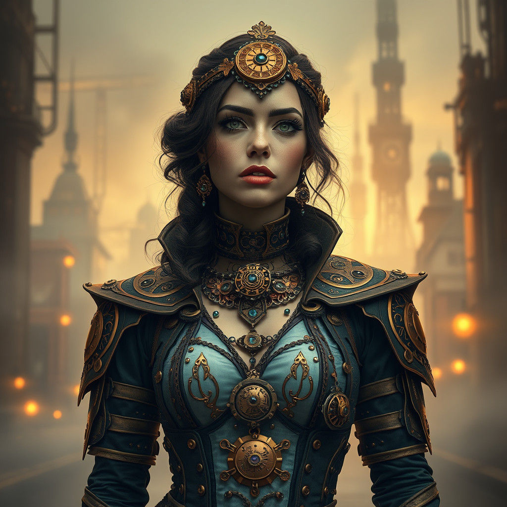 Intricate Transistorpunk Outfit in Industrial Cityscape