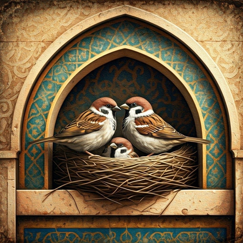 Sparrows in Moorish Alcove with Intricate Tiles