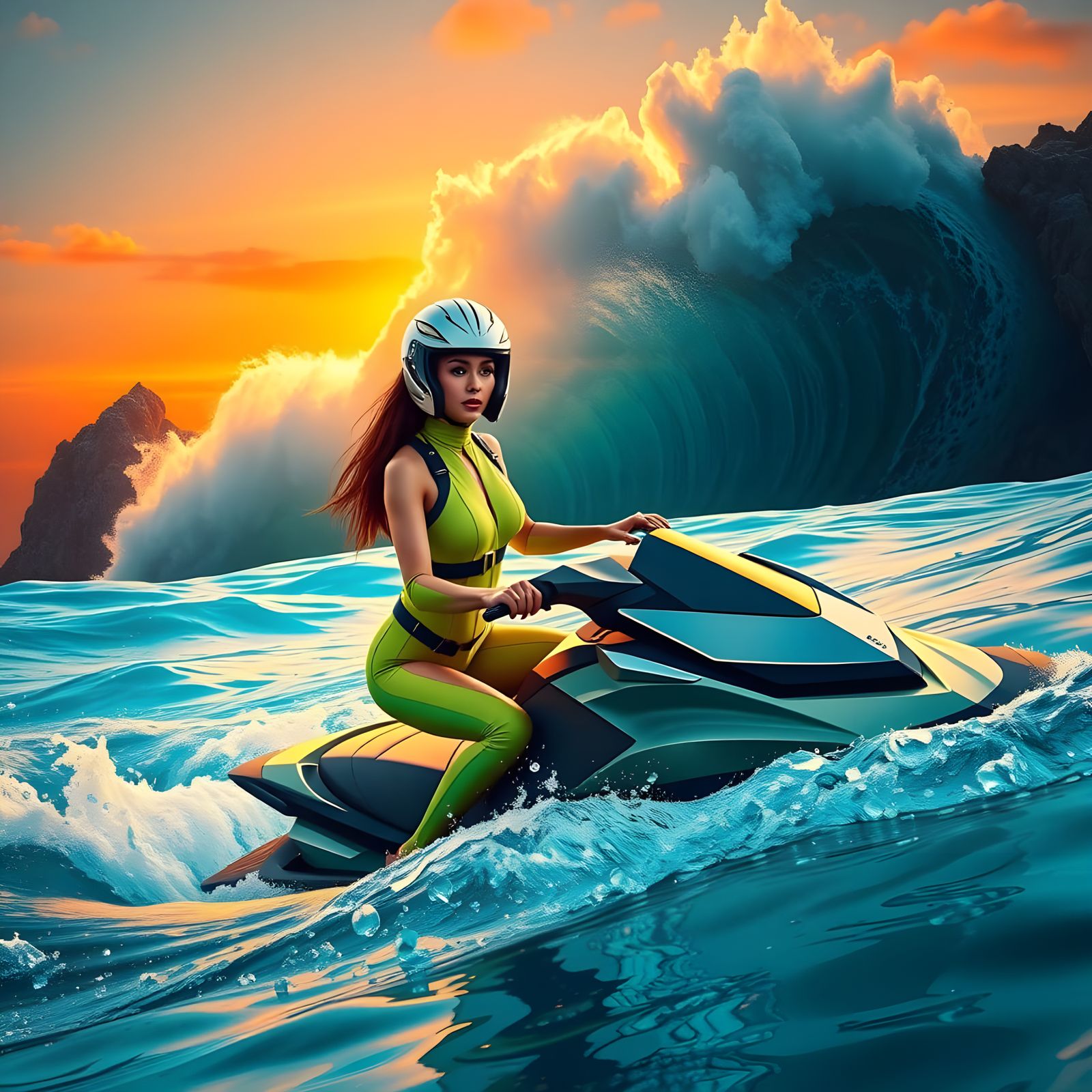 Hyperrealistic Beach Scene with Jet-Ski in Vibrant Colors an...