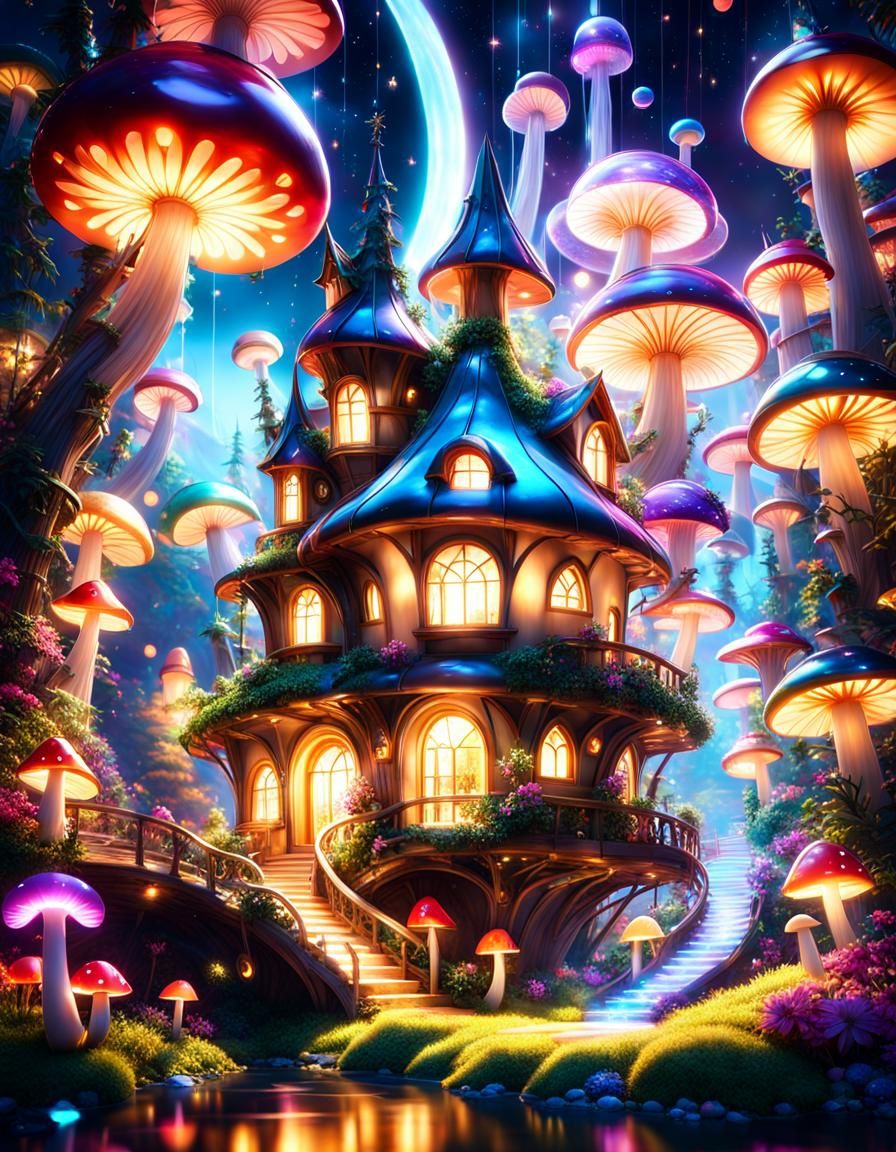 Glowing Fairy Village with Glass Mushroom Houses