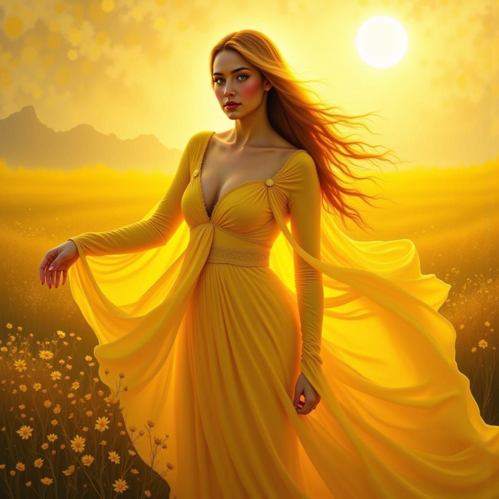 Golden Maiden in Ethereal Sunset Landscape