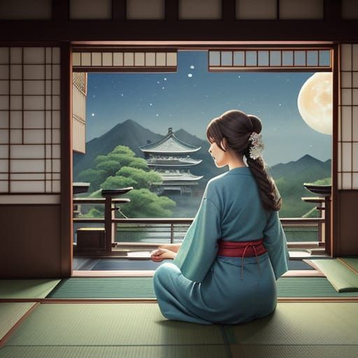 Woman in Japanese Temple, Watercolor Concept Art