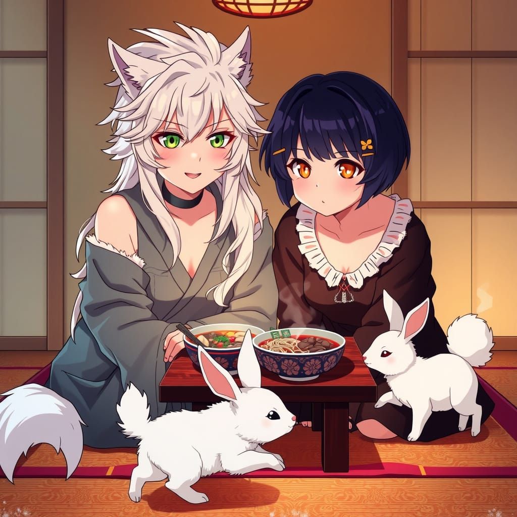 Women Sharing Noodles in a Cozy Anime-Inspired Scene