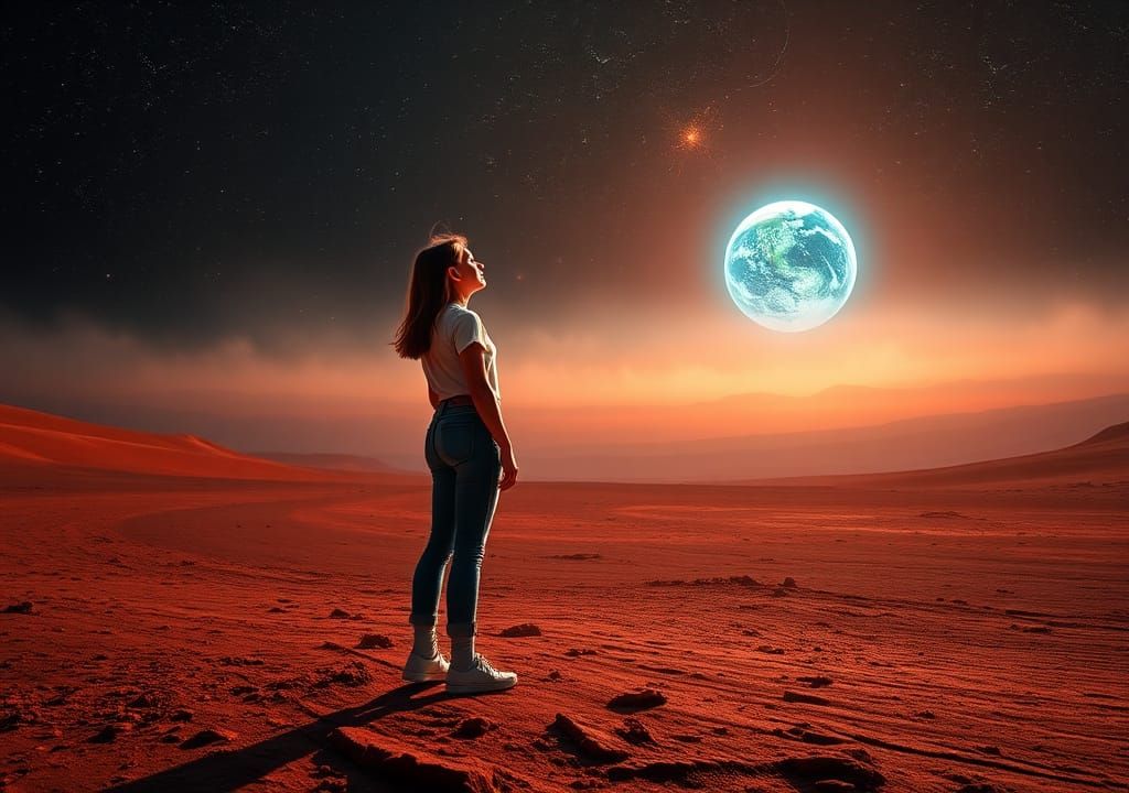Girl Gazing at Earth on Barren Planet