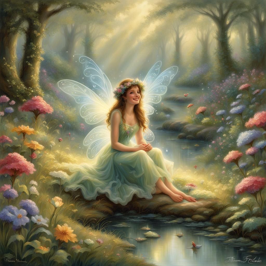 Ethereal Fairy Laughing in Misty Landscape