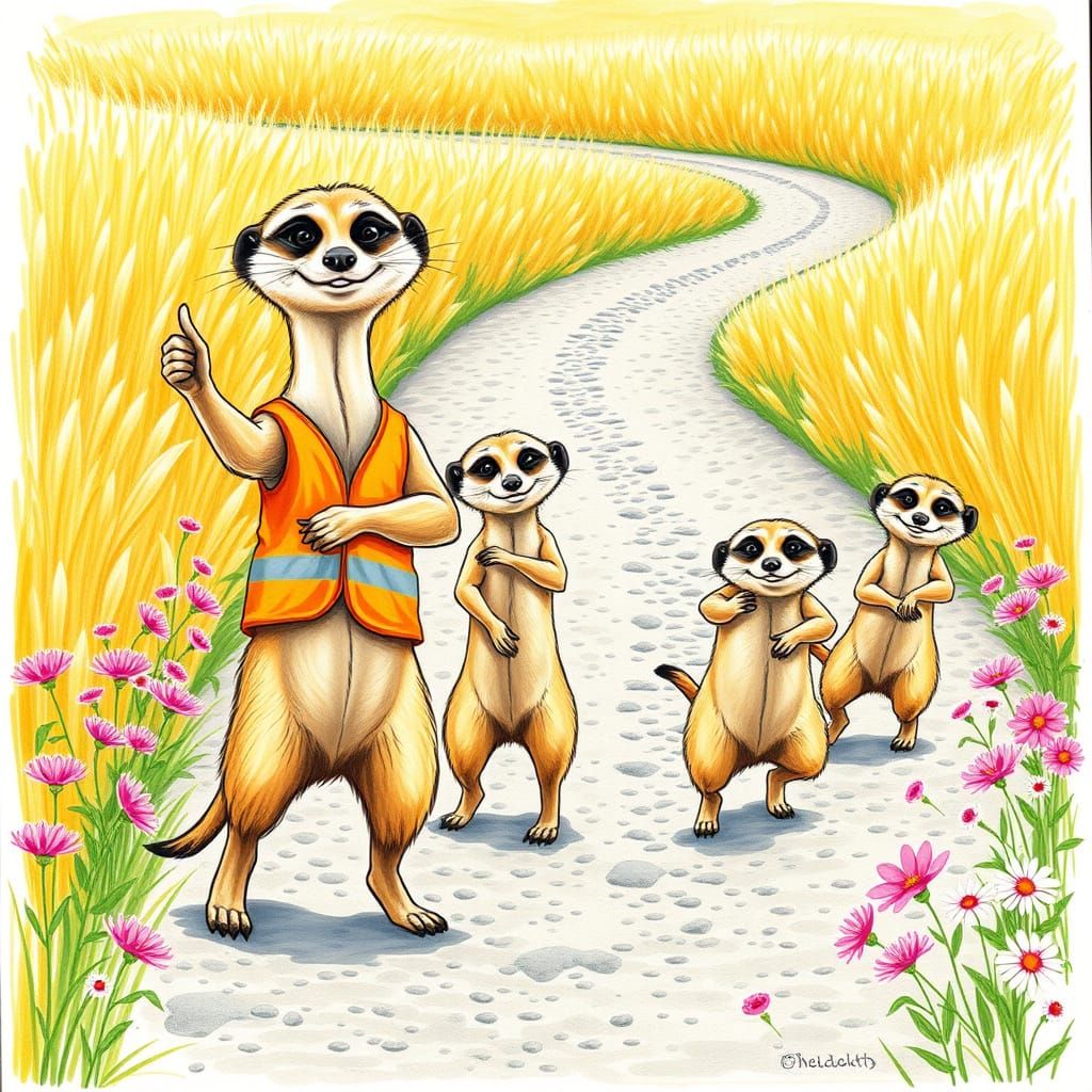 Whimsical Meerkat Traffic Director in a Vibrant Meadow