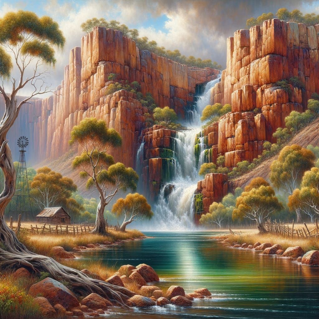Outback Waterfall: Oil Painting with Impasto Texture