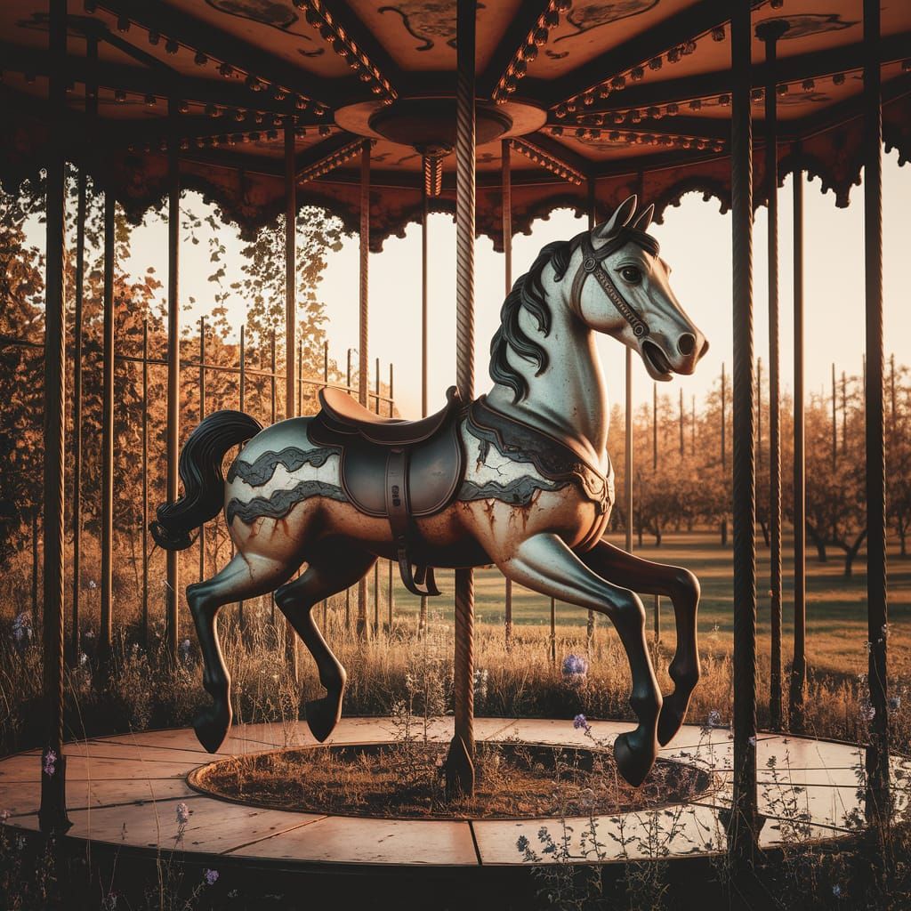 Rusted Carousel Horse in Overgrown Park at Sunset