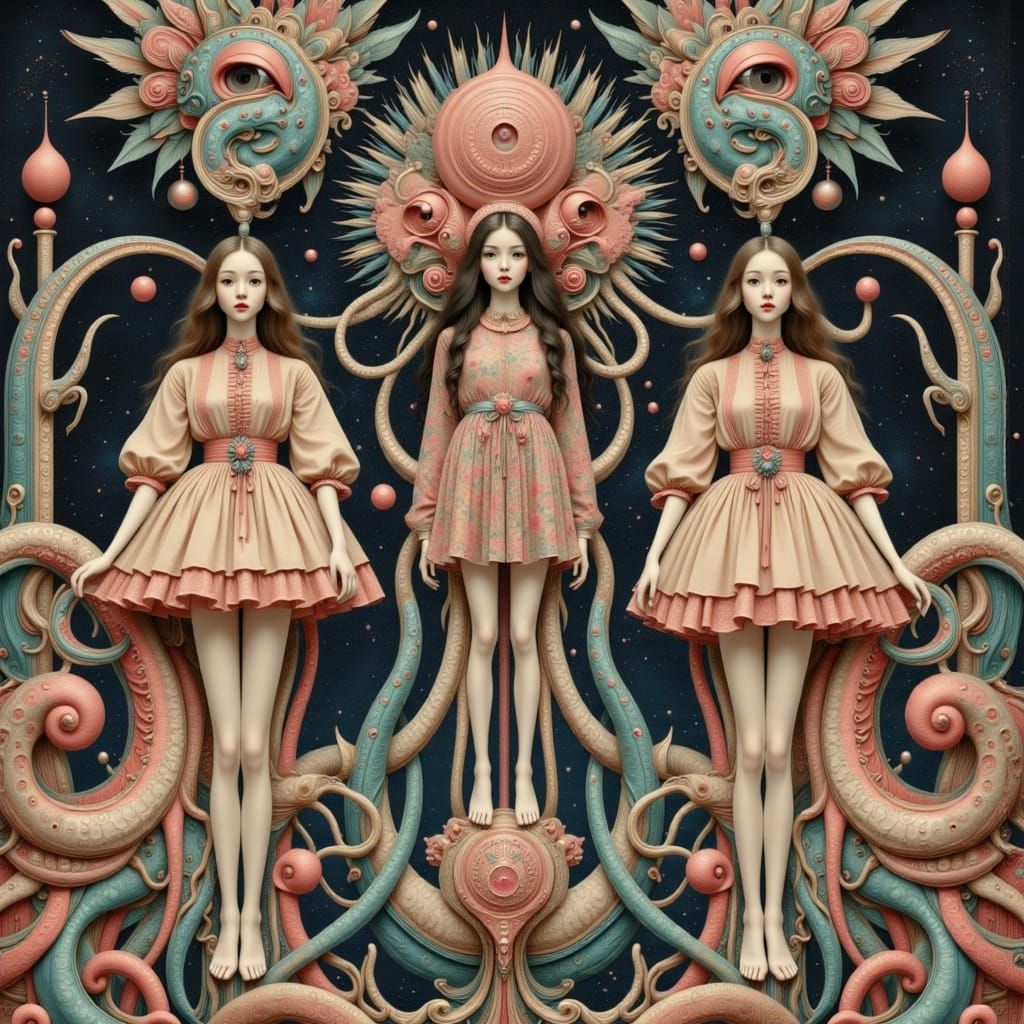 Cute Schoolgirls in Cosmic Surreal Collage Art