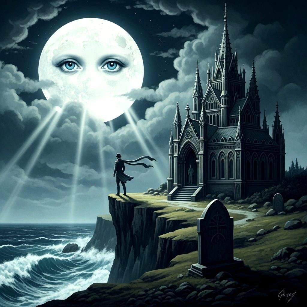 Gothic Romance: Man by Sea Mausoleum Under Eerie Moon