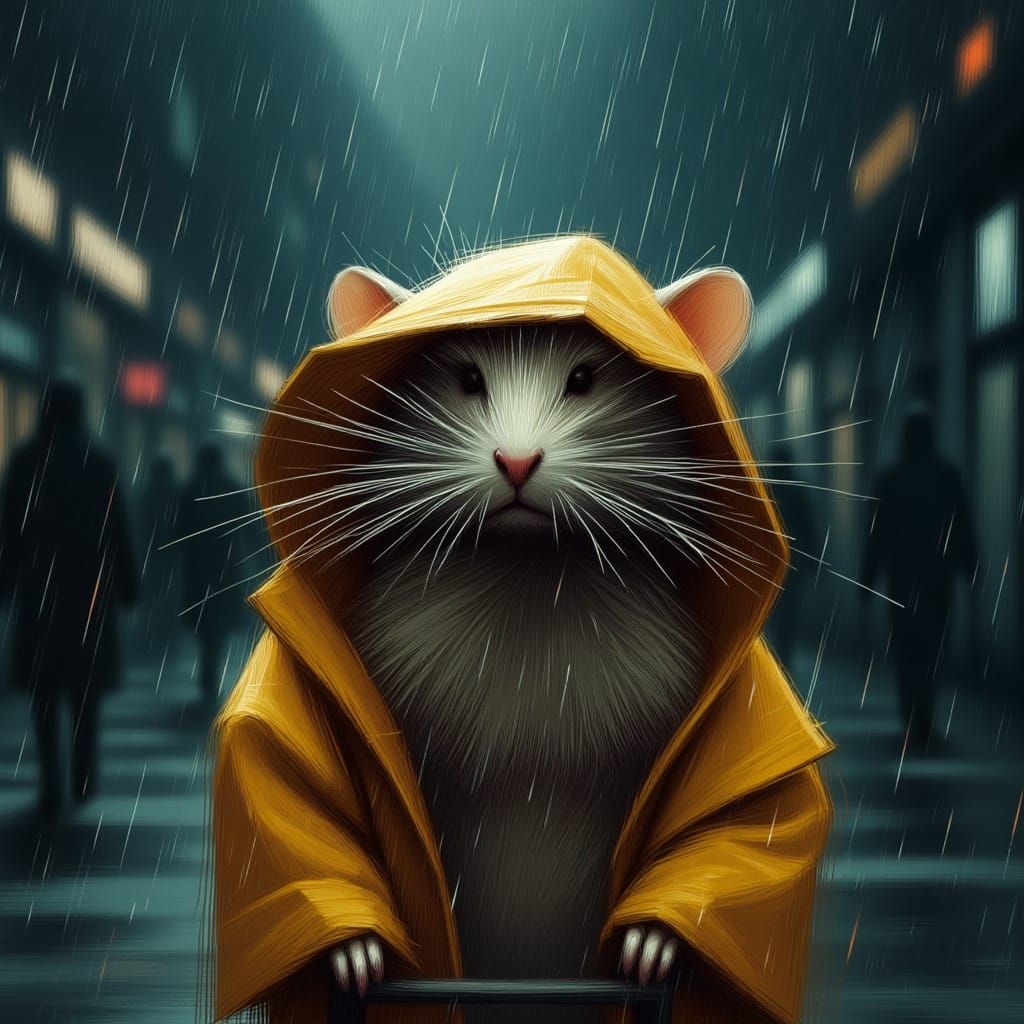 Mysterious Rat in Yellow Raincoat Under Dark Skies