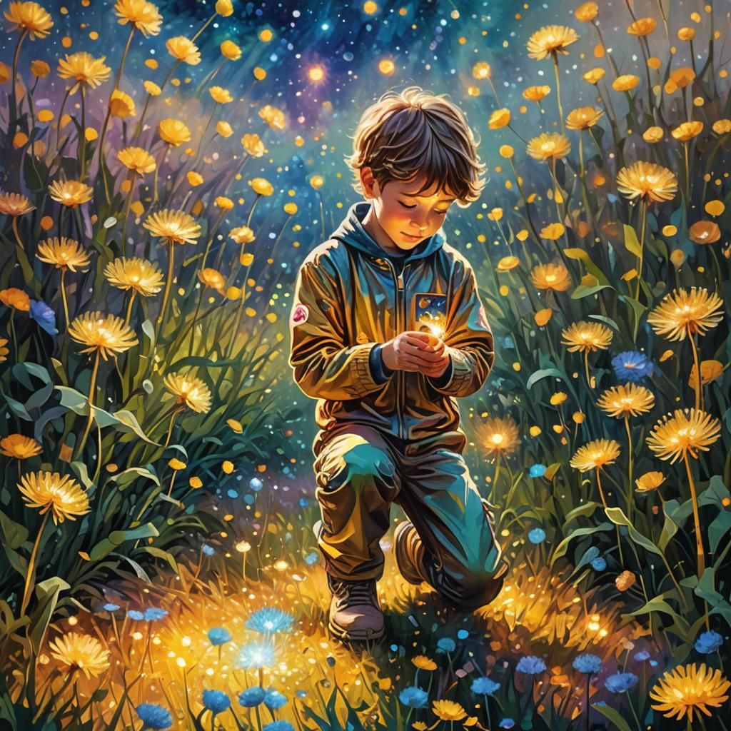 Cosmic Boy Finds Lucky Penny in Dandelion Field