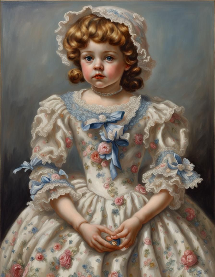 A porcelain doll with an intricate dress and porcelain face, high-quality, photorealistic, delicate collectible, still l...