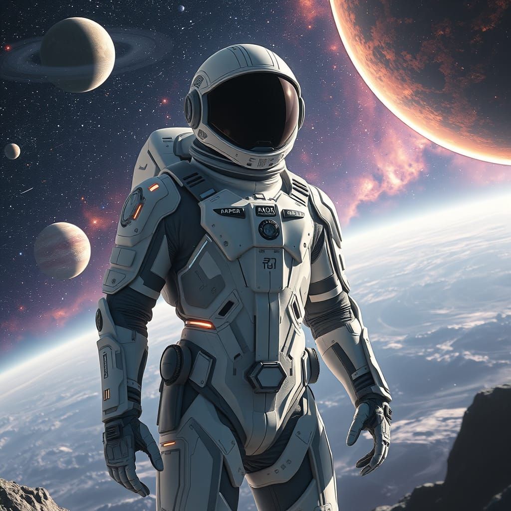 Heroic Space Pilot in Futuristic Exosuit Against Starry Gala...
