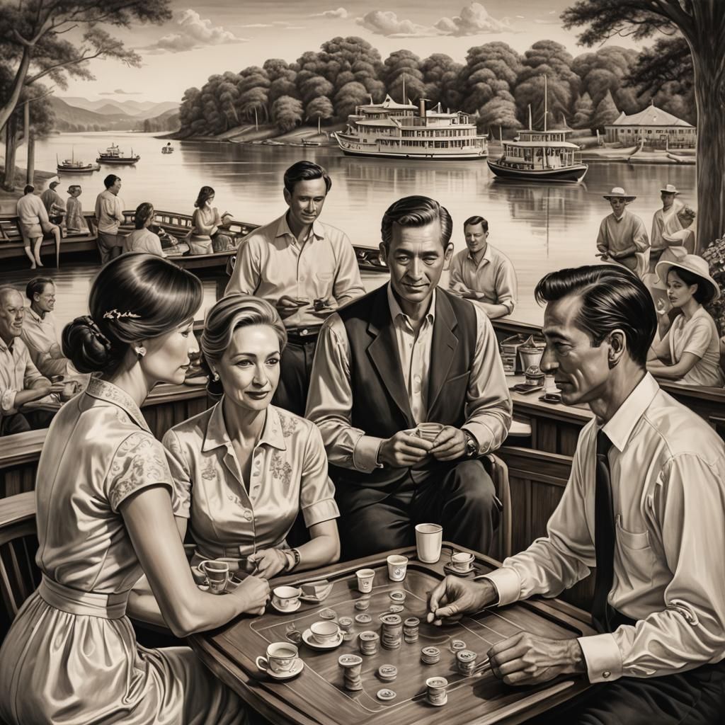 Elegant Paddle Boat Socializing: Charcoal Drawing