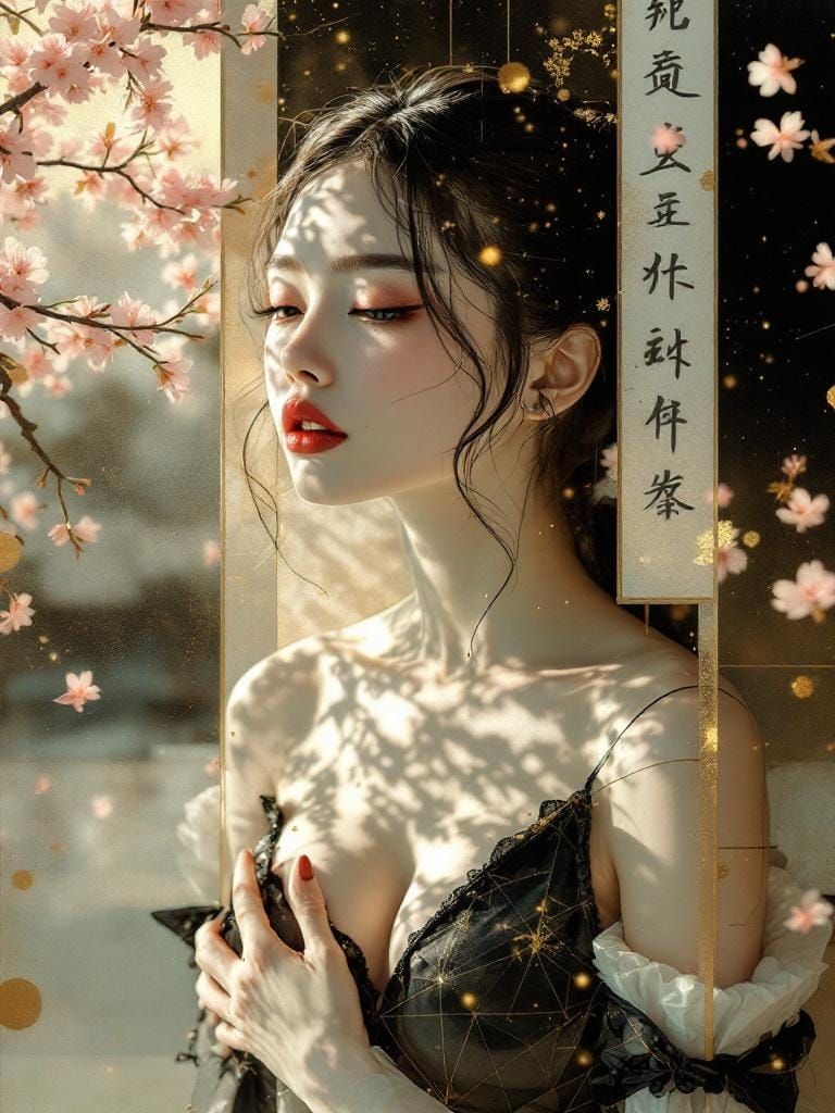 Pin-Up Girl in Geometric Garden, Digital Art