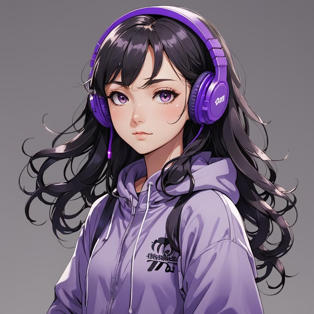 Anime Girl with Purple Headphones in Manga Style