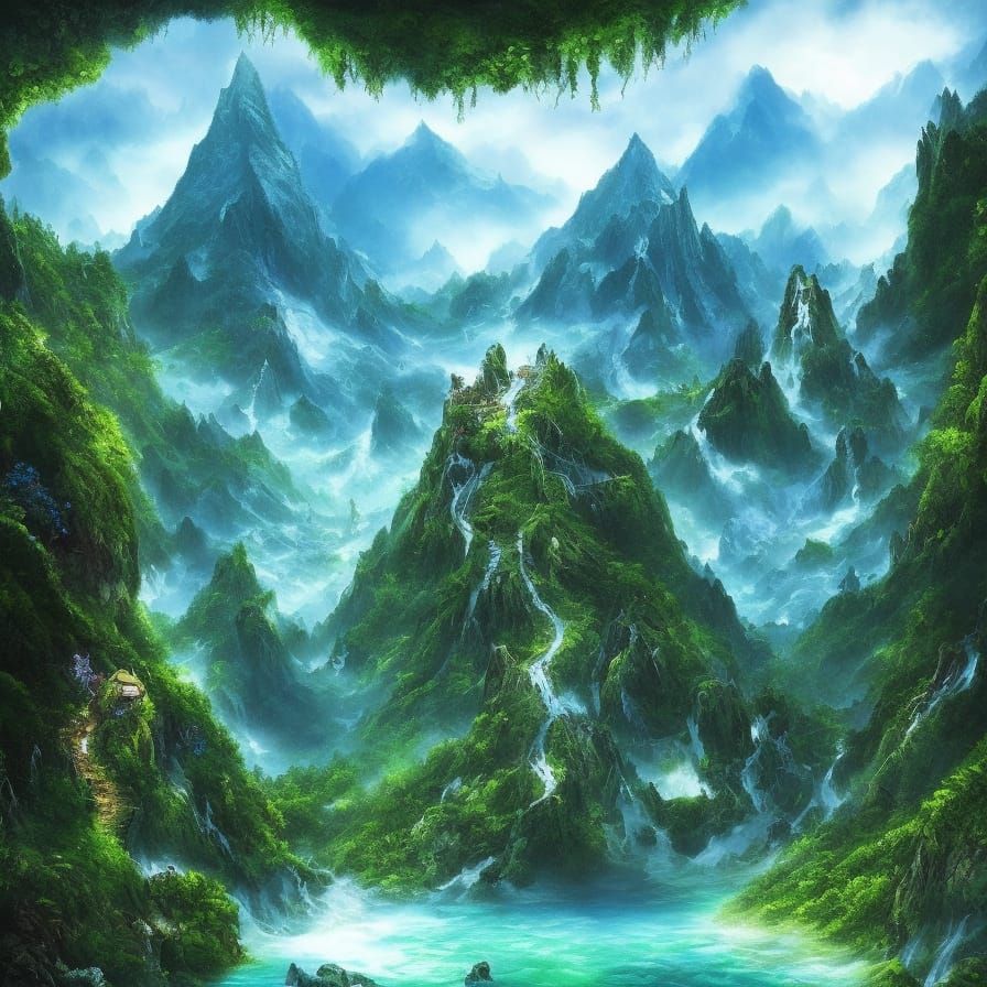 Enchanted Jade Mountain in a Green Forest