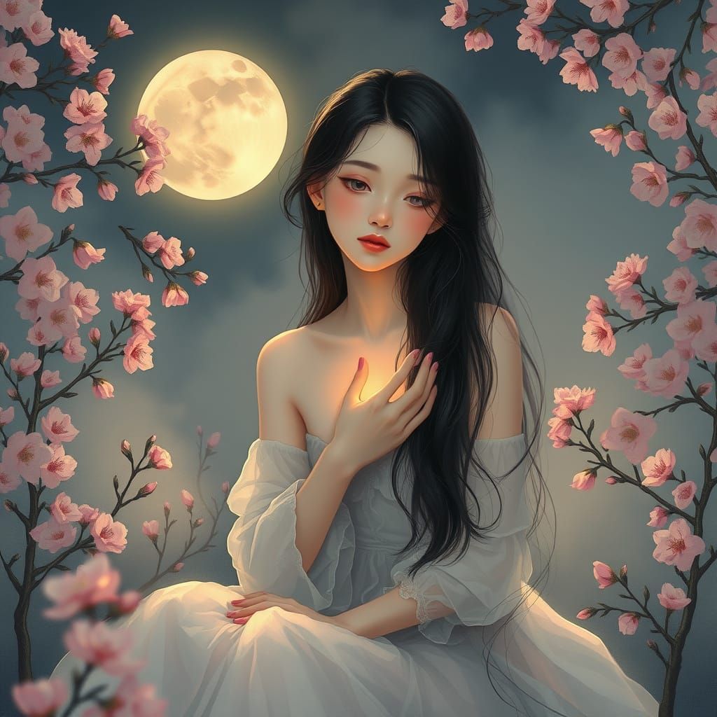Ethereal Woman in Moonlit Garden: Romantic Pastel Art