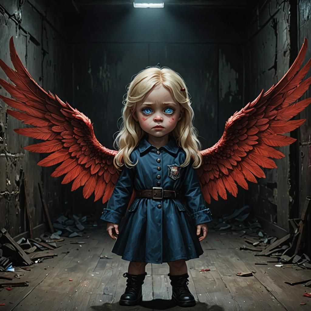 Ethereal Baby with Red Wings in Dark Room