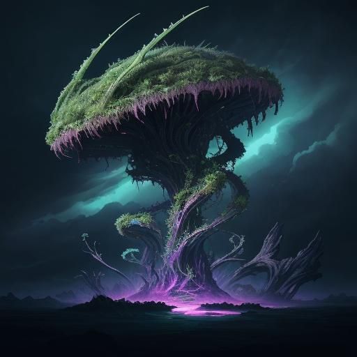 Alien Tends Giant Carnivorous Plant: Surreal Sci-Fi Art