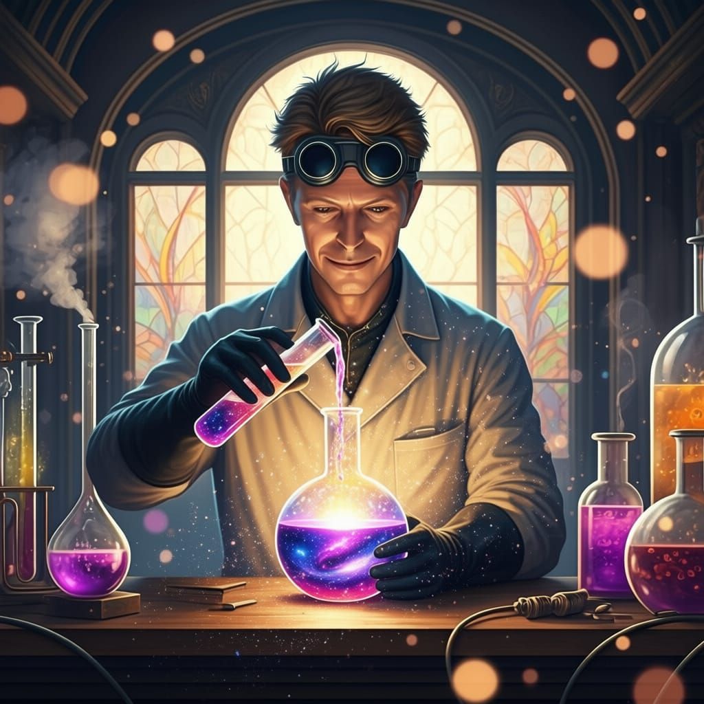 Scientist Pours Cosmic Liquid from Test Tube into Flask