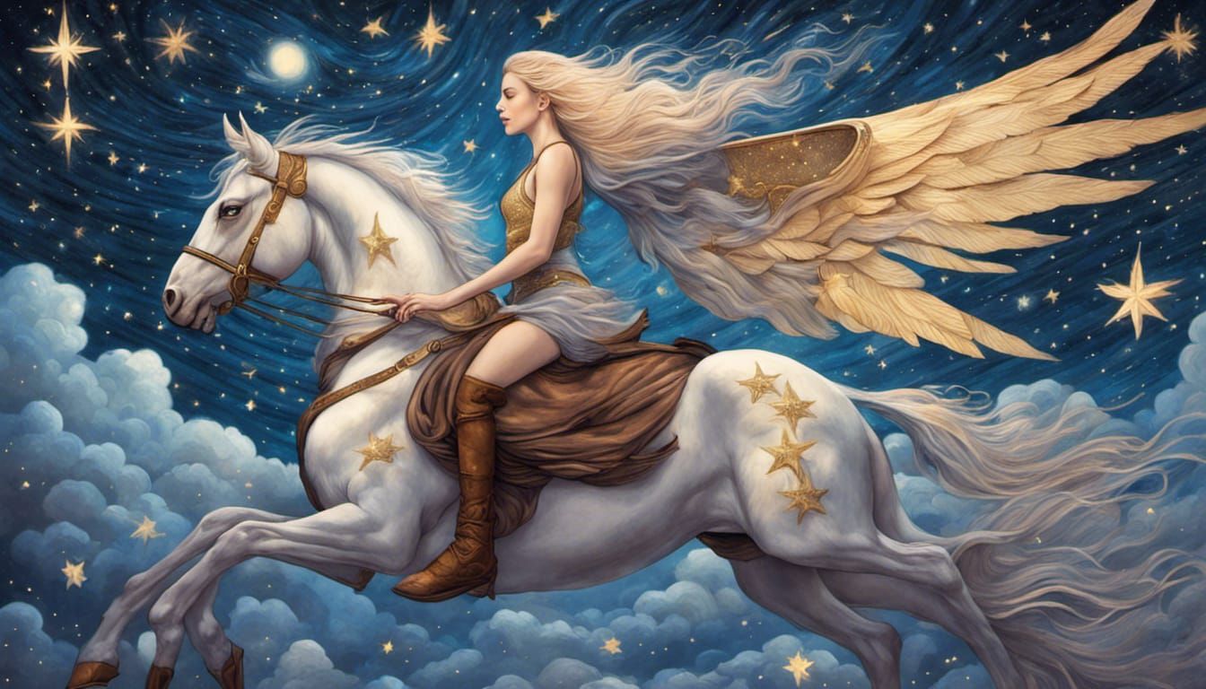 Woman on Pegasus in Starry Night Sky