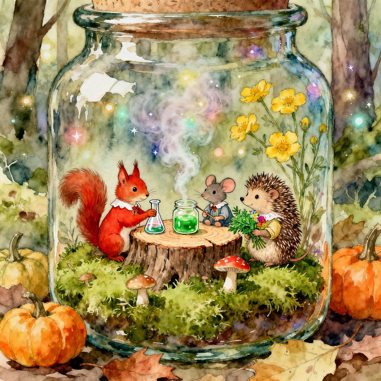 Woodland Creatures Brew Magic Potions in Watercolor Style