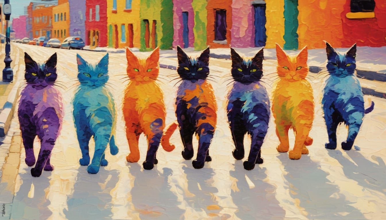 Vibrant Urban Feline Parade in Impasto Colors