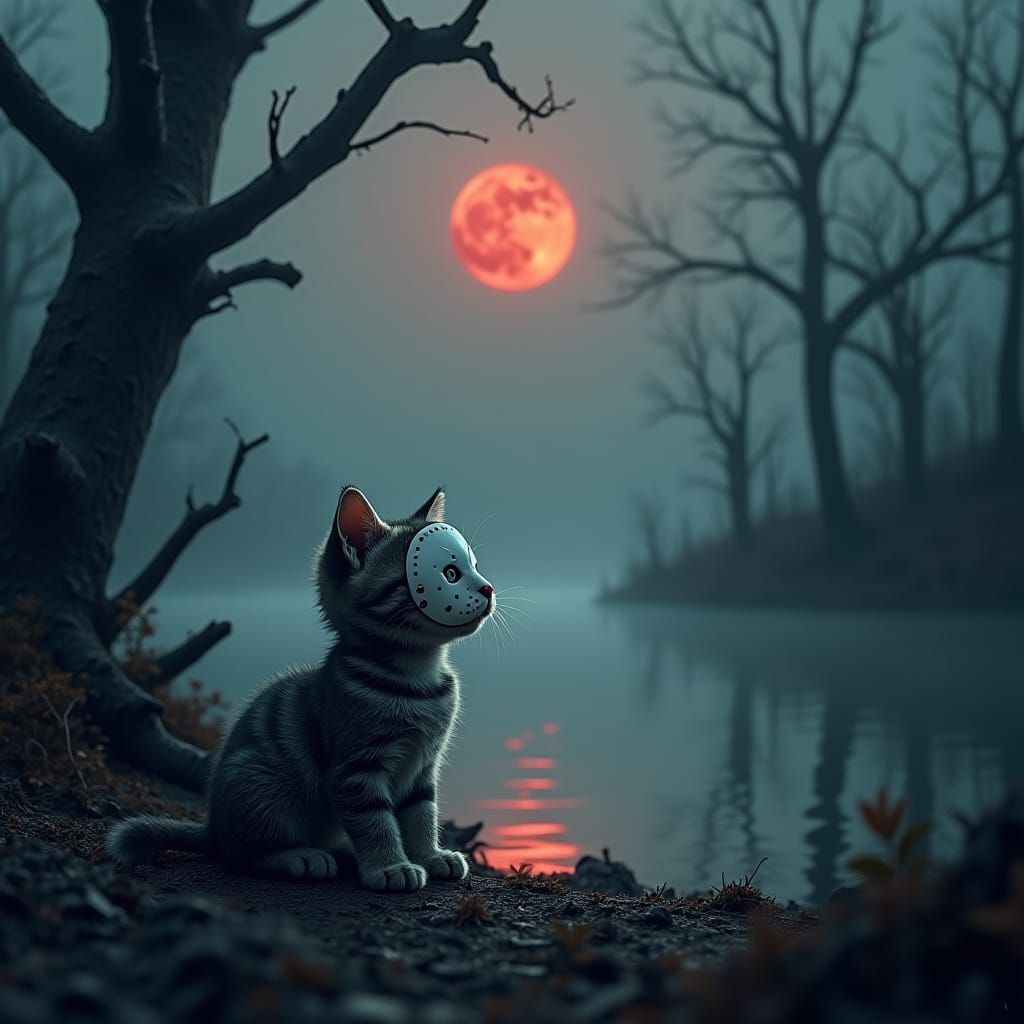 Kitten in Hockey Mask at Creepy Lake