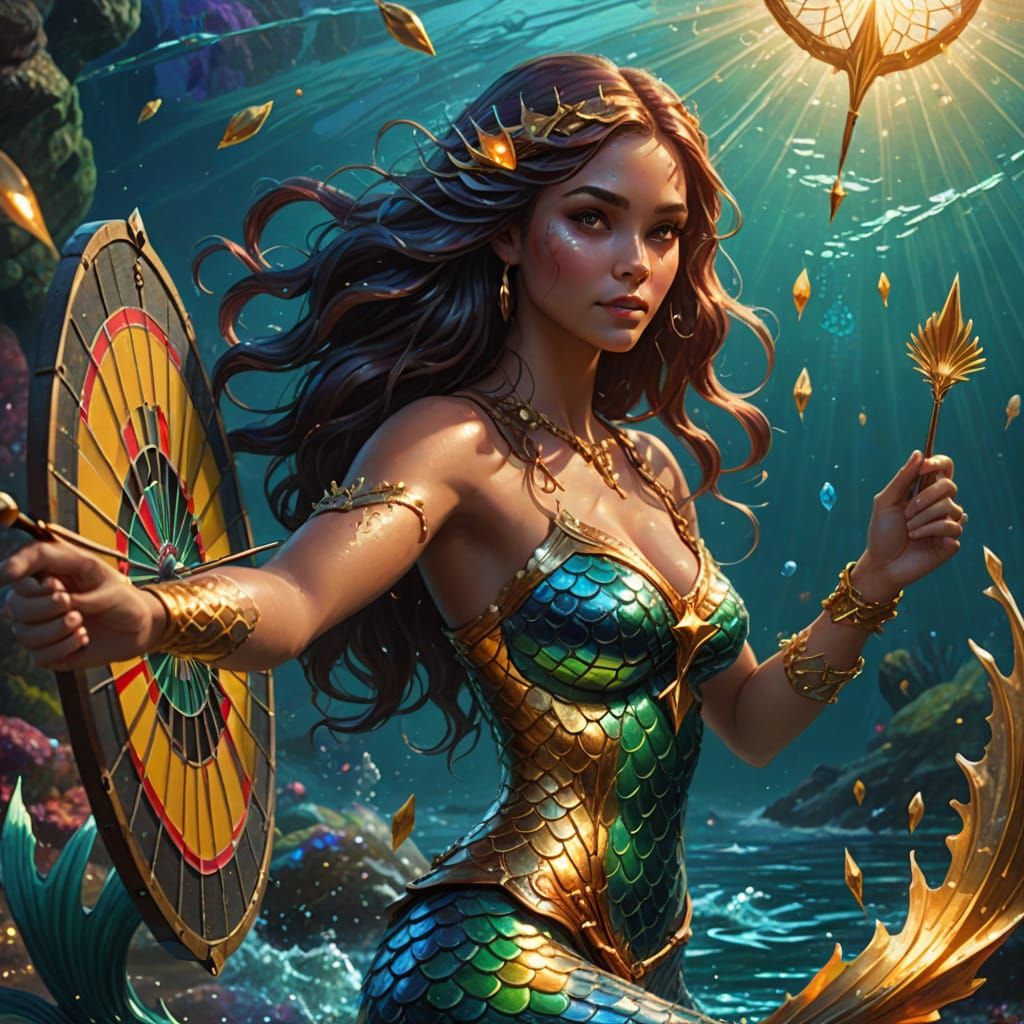 Mermaid Playing Darts in Vibrant Oil Painting Style