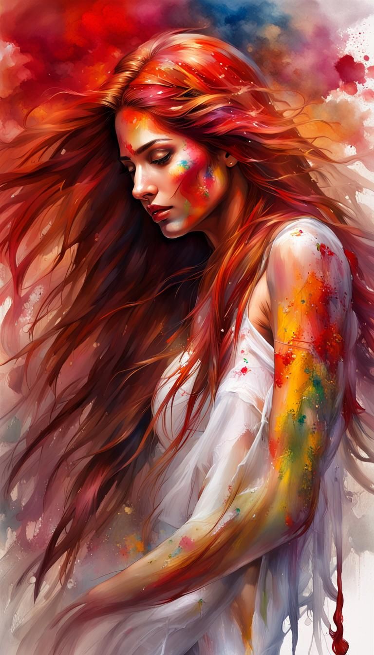 beautiful alluring (unclad:1.5) indian girl, red long hair, red lips, transparent, ethereal, big boobies, splash art, ro...