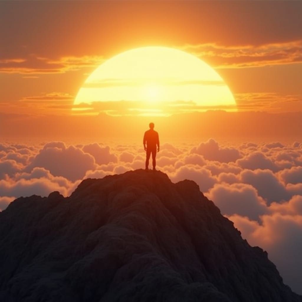 Triumphant Figure Greets Sunrise Over Clouds