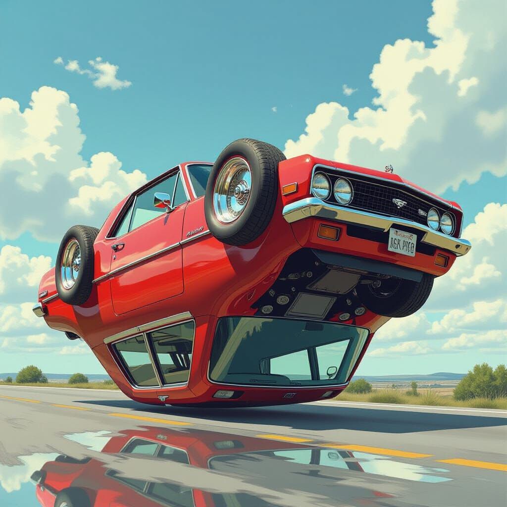Hyperrealistic Upside-Down Car with Intricate Details