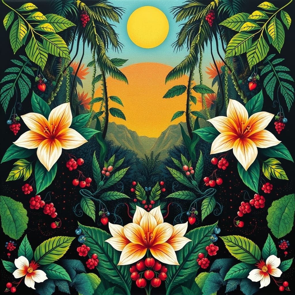 Vibrant Tropical Rainforest Flora and Fauna Painting
