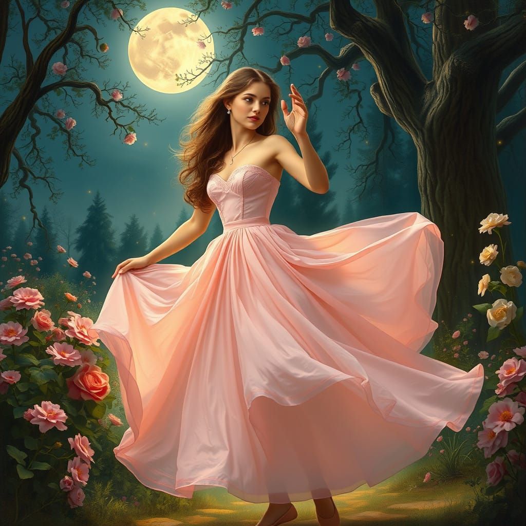 Whimsical Moonlit Ballerina Dances in a Romantic Garden