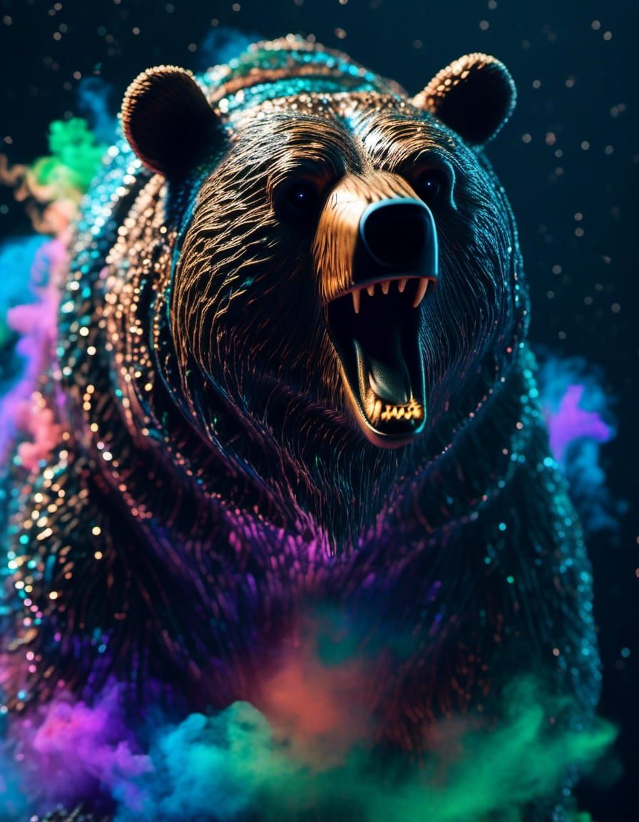 Bioluminescent Bear Portrait in Holographic Smoke