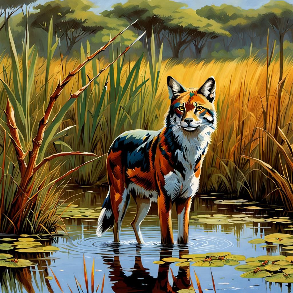 Feline Huntress in Wetlands, Fantasy Illustration