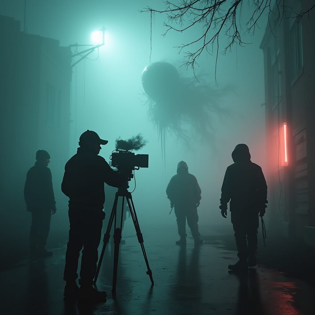 Eerie Film Crew in Haunting Fog, a Dark Surrealist Scene