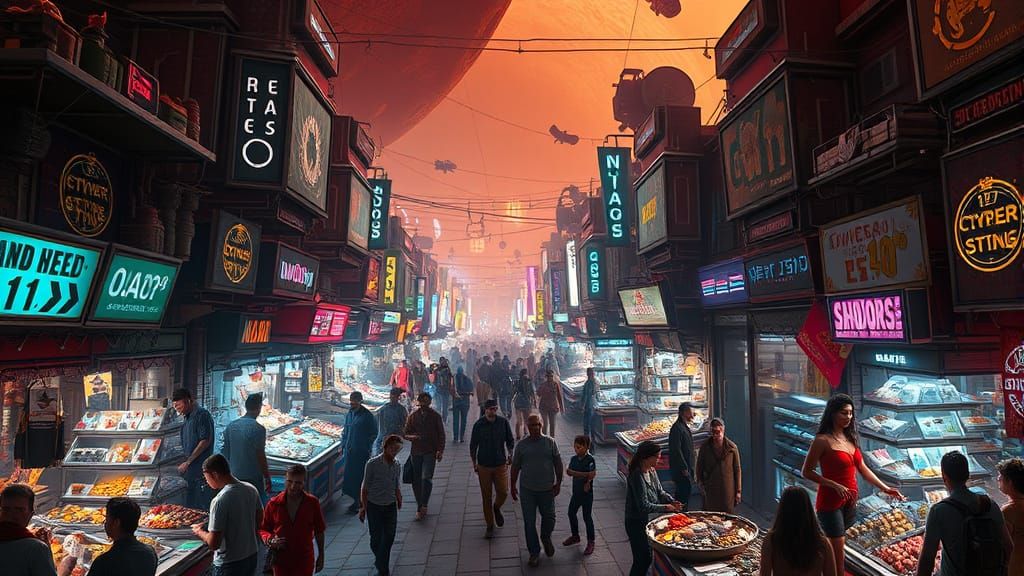 Cyberpunk Bazaar on Mars: A Photorealistic Scene