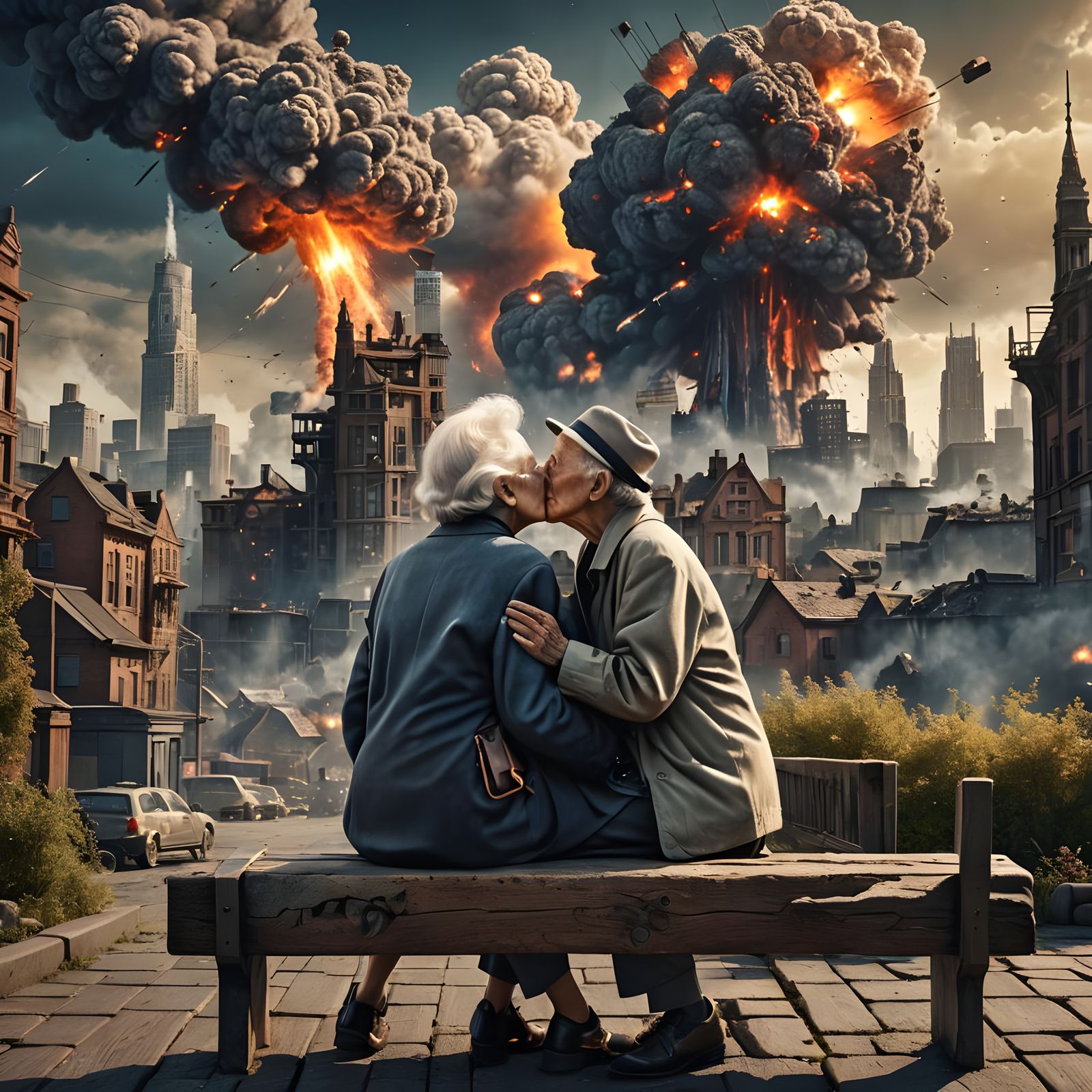 Elderly Couple Kissing During Atomic Explosion